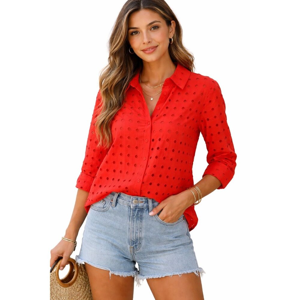 Adiva Women Eyelet Button Down Blouse Small Orange Embroidered Cutout Summer